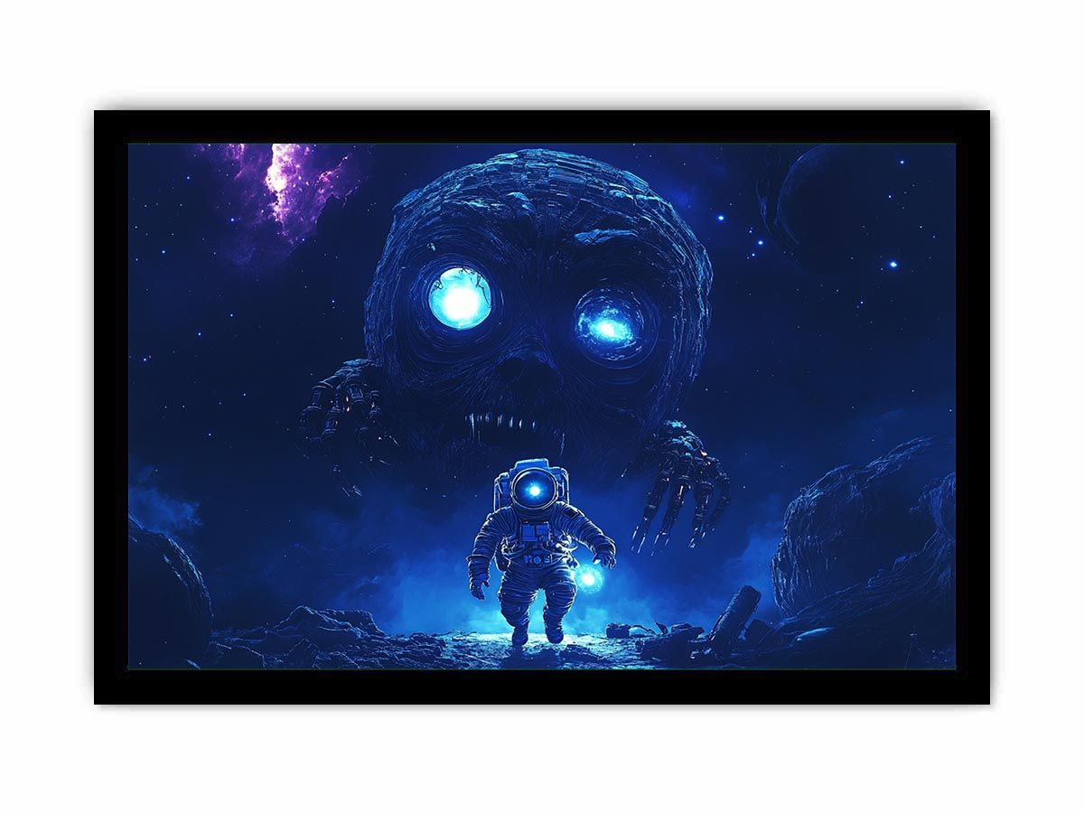 Dramatic space monster canvas art with astronaut and glowing blue eyes for media room decor.
