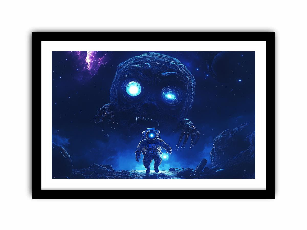 Dramatic space monster canvas art with astronaut and glowing blue eyes for media room decor.