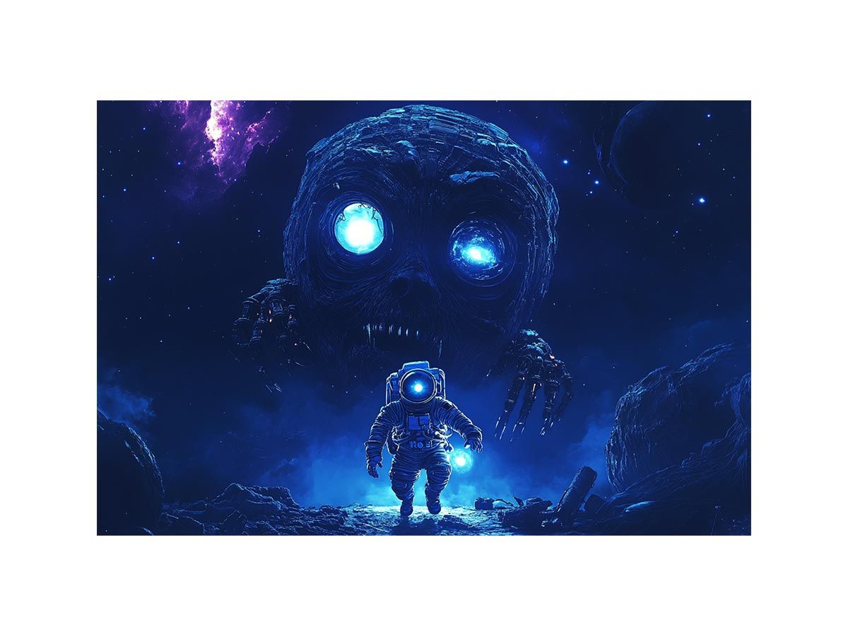 Dramatic space monster canvas art with astronaut and glowing blue eyes for media room decor.