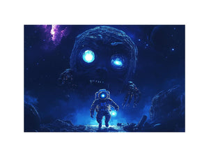 Dramatic space monster canvas art with astronaut and glowing blue eyes for media room decor.