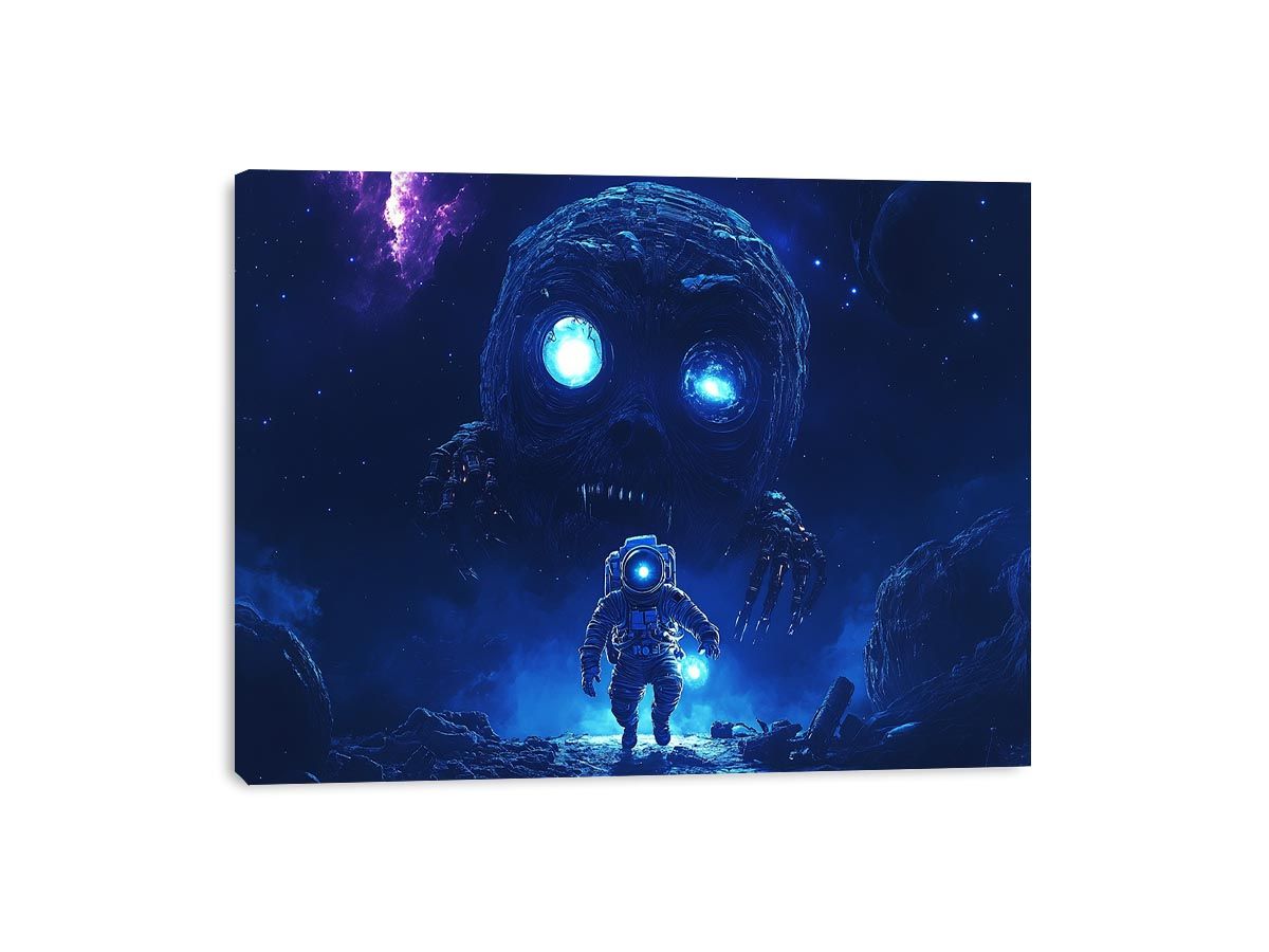 Dramatic space monster canvas art with astronaut and glowing blue eyes for media room decor.