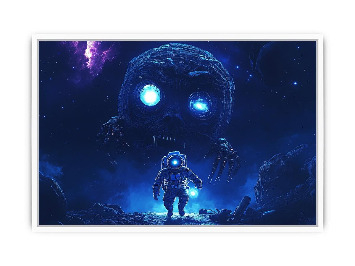 Dramatic space monster canvas art with astronaut and glowing blue eyes for media room decor.