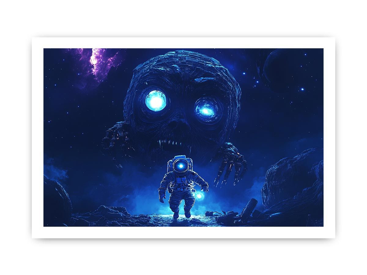 Dramatic space monster canvas art with astronaut and glowing blue eyes for media room decor.