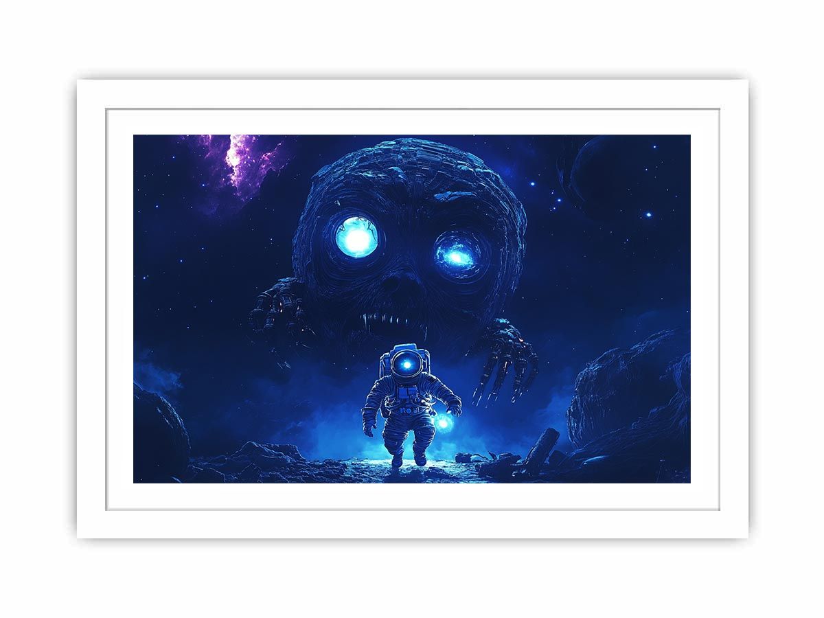 Dramatic space monster canvas art with astronaut and glowing blue eyes for media room decor.