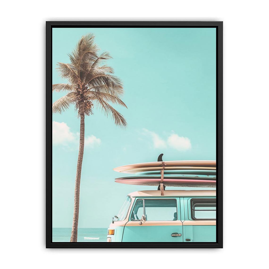 Pastel coastal surf van canvas art with palm tree and surfboards for beach house decor.