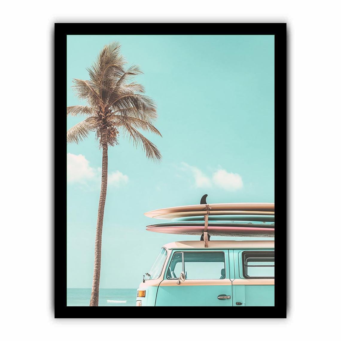 Pastel coastal surf van canvas art with palm tree and surfboards for beach house decor.