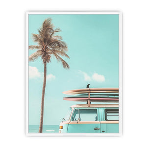 Pastel coastal surf van canvas art with palm tree and surfboards for beach house decor.