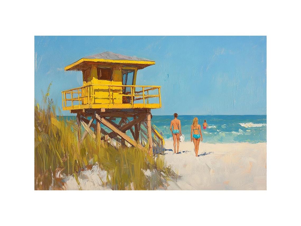 Bright coastal lifeguard tower canvas art with beach and ocean for beach house decor.