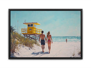 Coastal beach walk canvas art with couple and yellow lifeguard tower for bedroom decor.