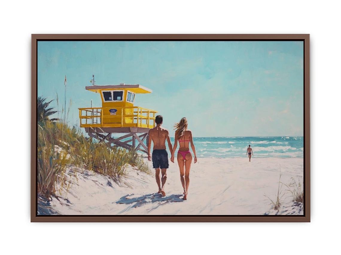 Coastal beach walk canvas art with couple and yellow lifeguard tower for bedroom decor.