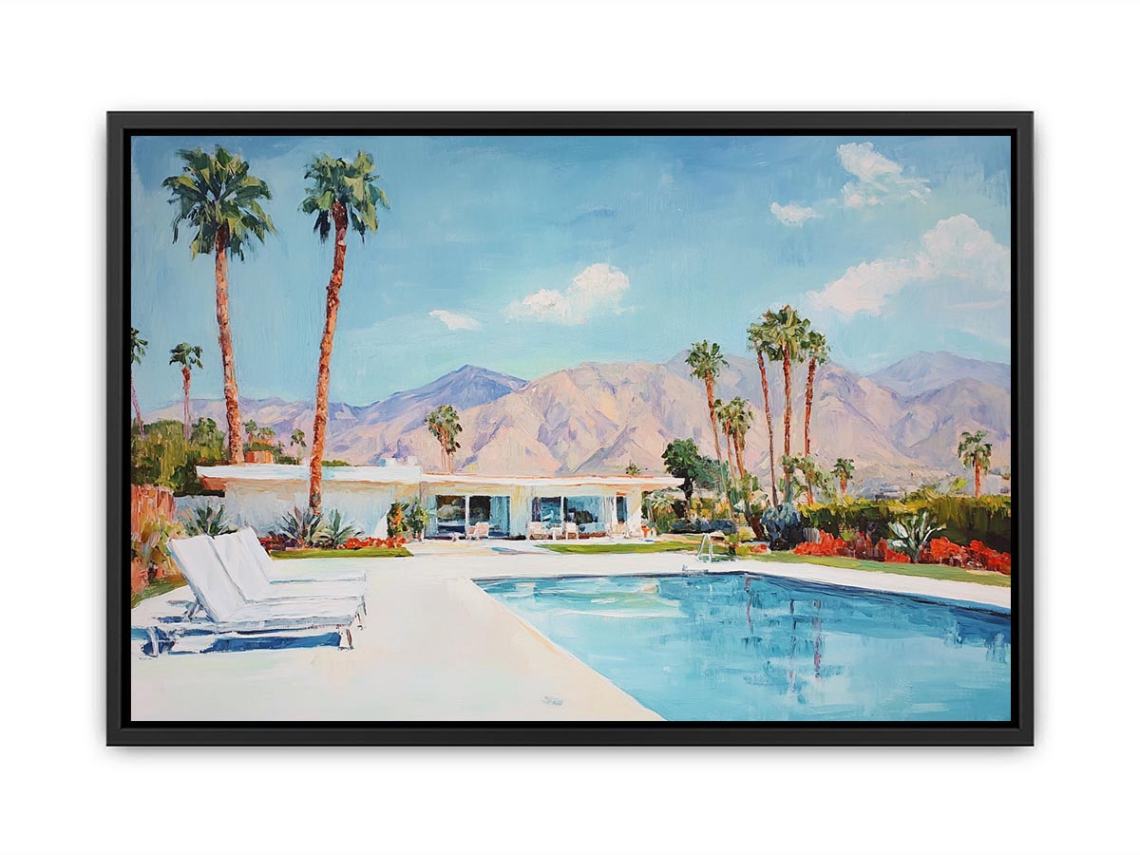 Mid century Palm Springs pool canvas art with palms and mountains for living room decor.