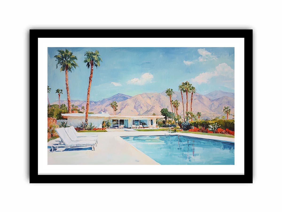 Mid century Palm Springs pool canvas art with palms and mountains for living room decor.