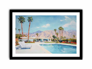Mid century Palm Springs pool canvas art with palms and mountains for living room decor.