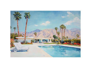 Mid century Palm Springs pool canvas art with palms and mountains for living room decor.