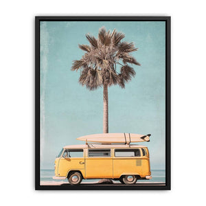 Retro surf van canvas art with palm tree and surfboard for beach house wall decor.