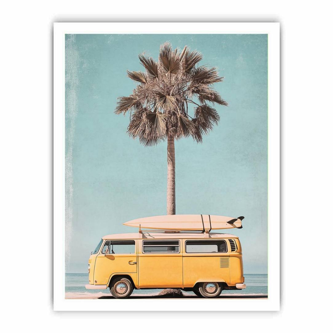 Retro surf van canvas art with palm tree and surfboard for beach house wall decor.