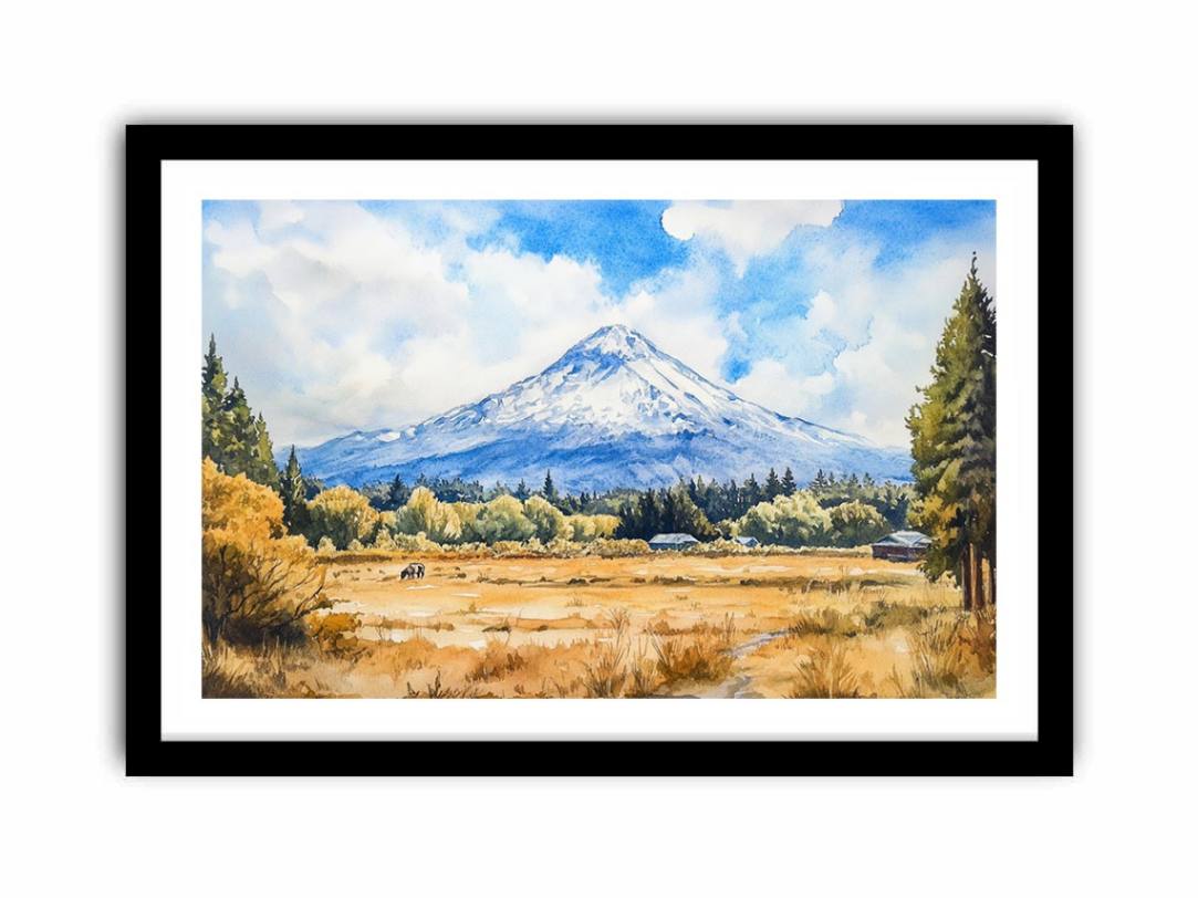 Snow Peak Meadow a snow-capped mountain rising above golden meadow grasses, evergreen trees, small barns, open sky, and a qu