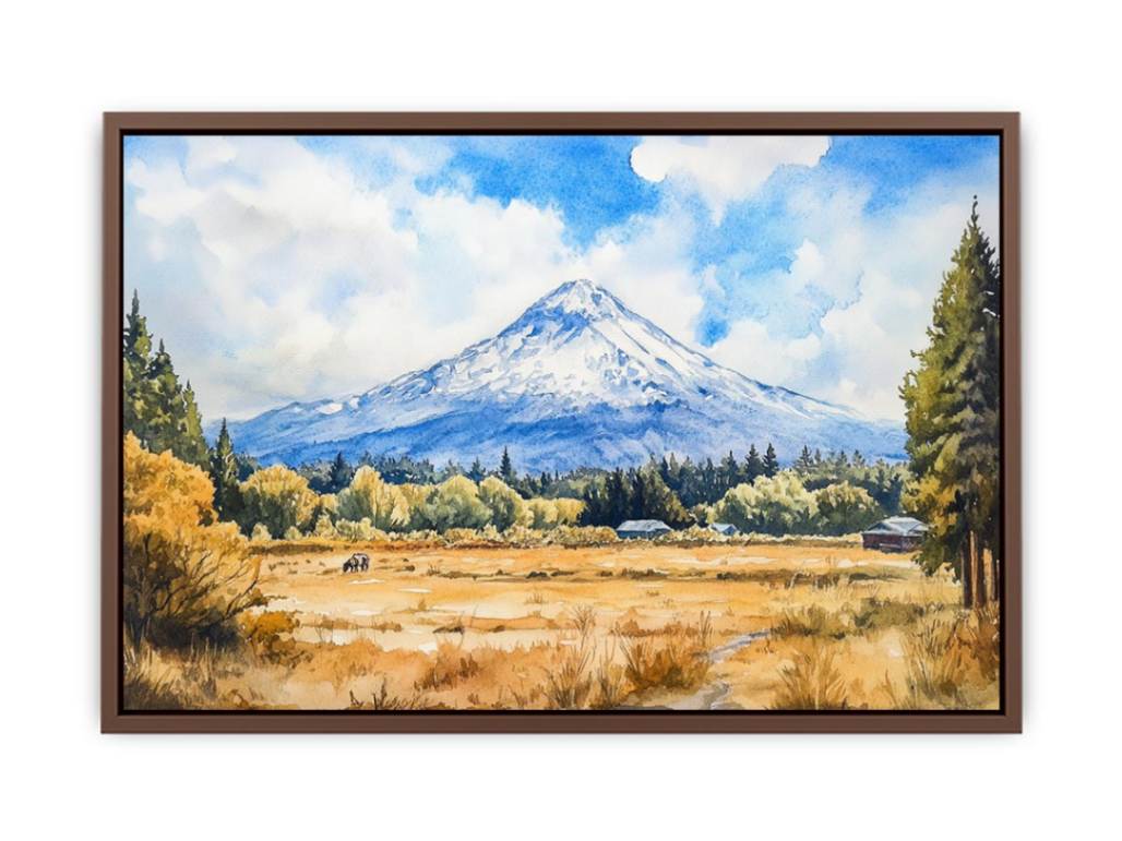 Snow Peak Meadow a snow-capped mountain rising above golden meadow grasses, evergreen trees, small barns, open sky, and a qu