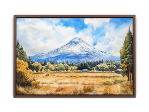Snow Peak Meadow a snow-capped mountain rising above golden meadow grasses, evergreen trees, small barns, open sky, and a qu