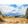 Snow Peak Meadow a snow-capped mountain rising above golden meadow grasses, evergreen trees, small barns, open sky, and a qu