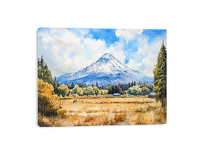 Snow Peak Meadow a snow-capped mountain rising above golden meadow grasses, evergreen trees, small barns, open sky, and a qu