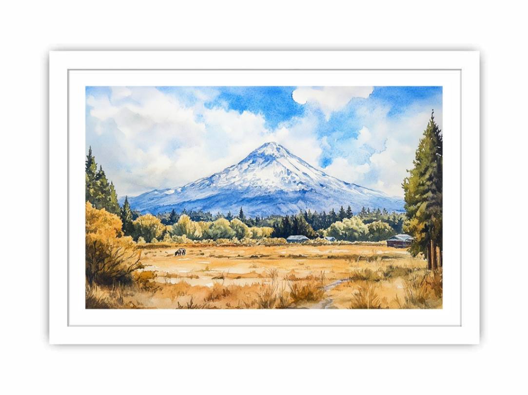 Snow Peak Meadow a snow-capped mountain rising above golden meadow grasses, evergreen trees, small barns, open sky, and a qu