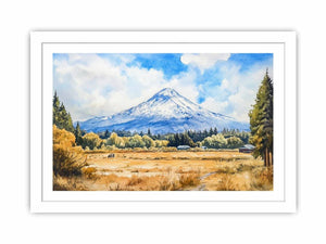 Snow Peak Meadow a snow-capped mountain rising above golden meadow grasses, evergreen trees, small barns, open sky, and a qu