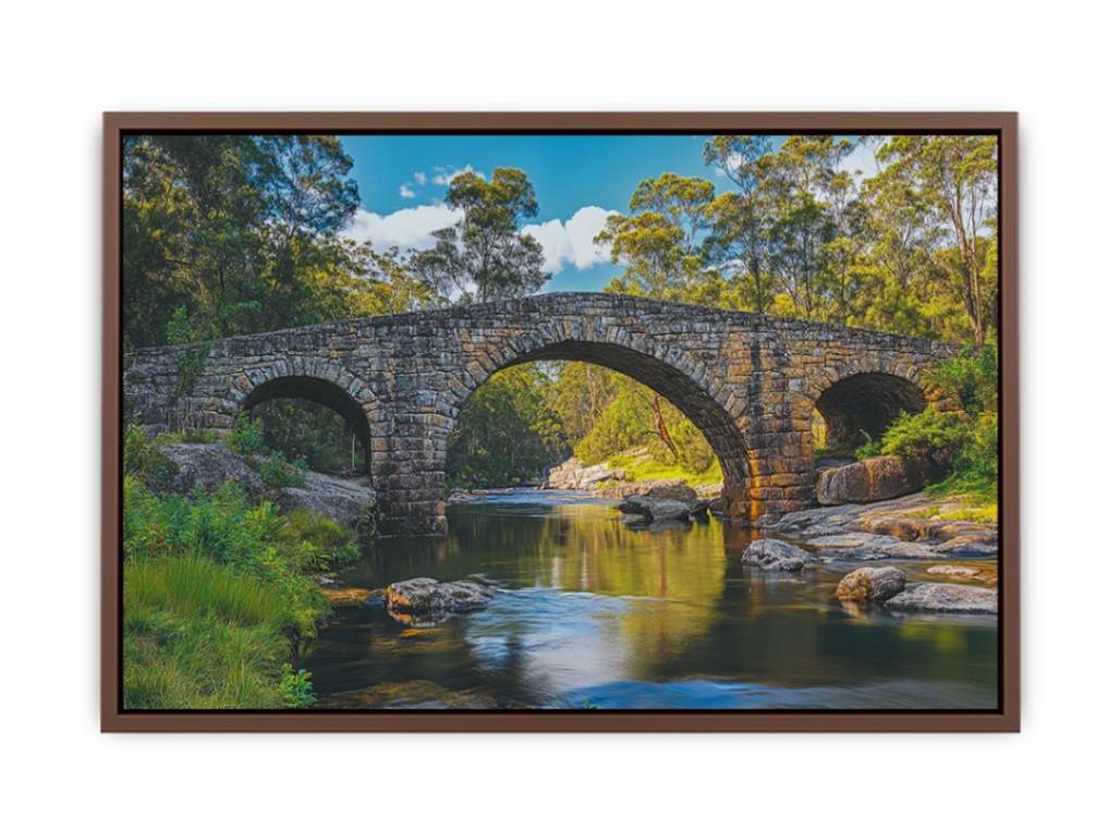 Stone River Crossing a rustic stone bridge spanning a calm river in sunlit woodland