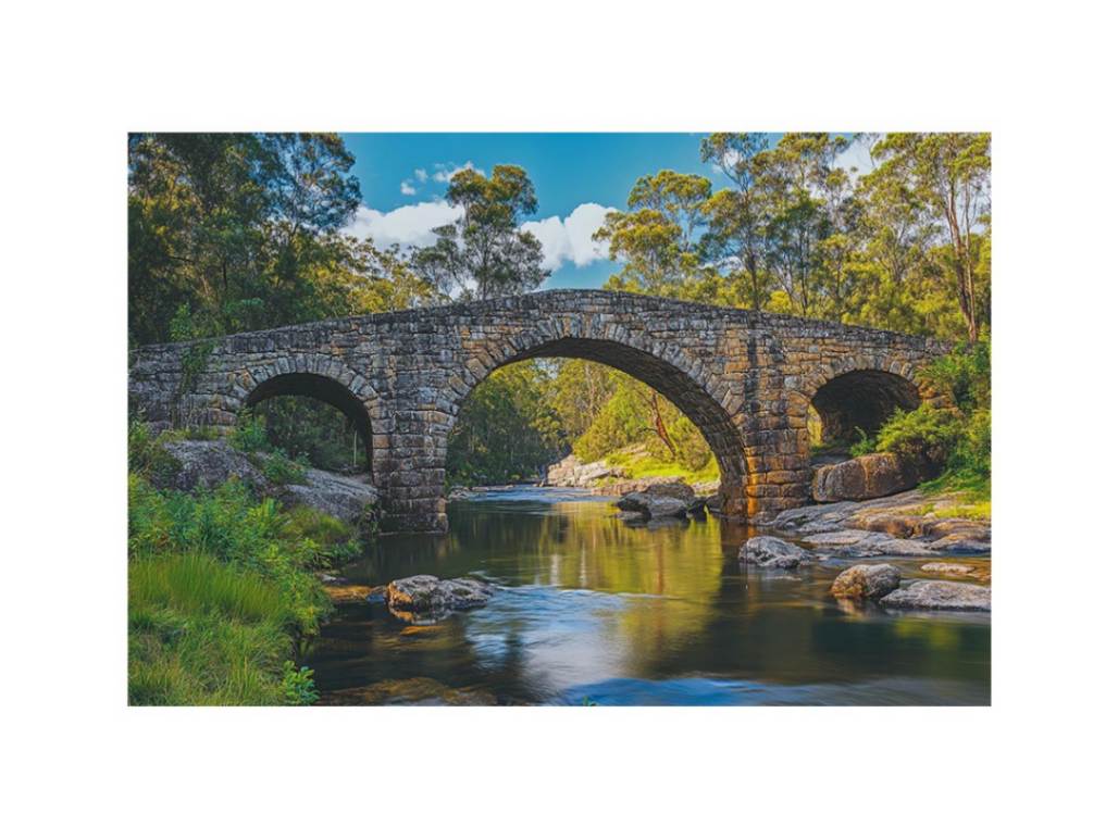 Stone River Crossing a rustic stone bridge spanning a calm river in sunlit woodland