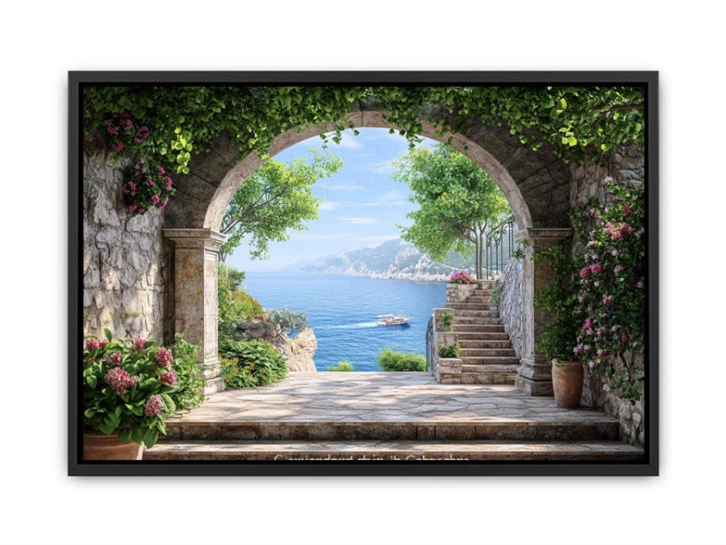 Coastal Archway a stone garden arch framing a sparkling Mediterranean sea view
