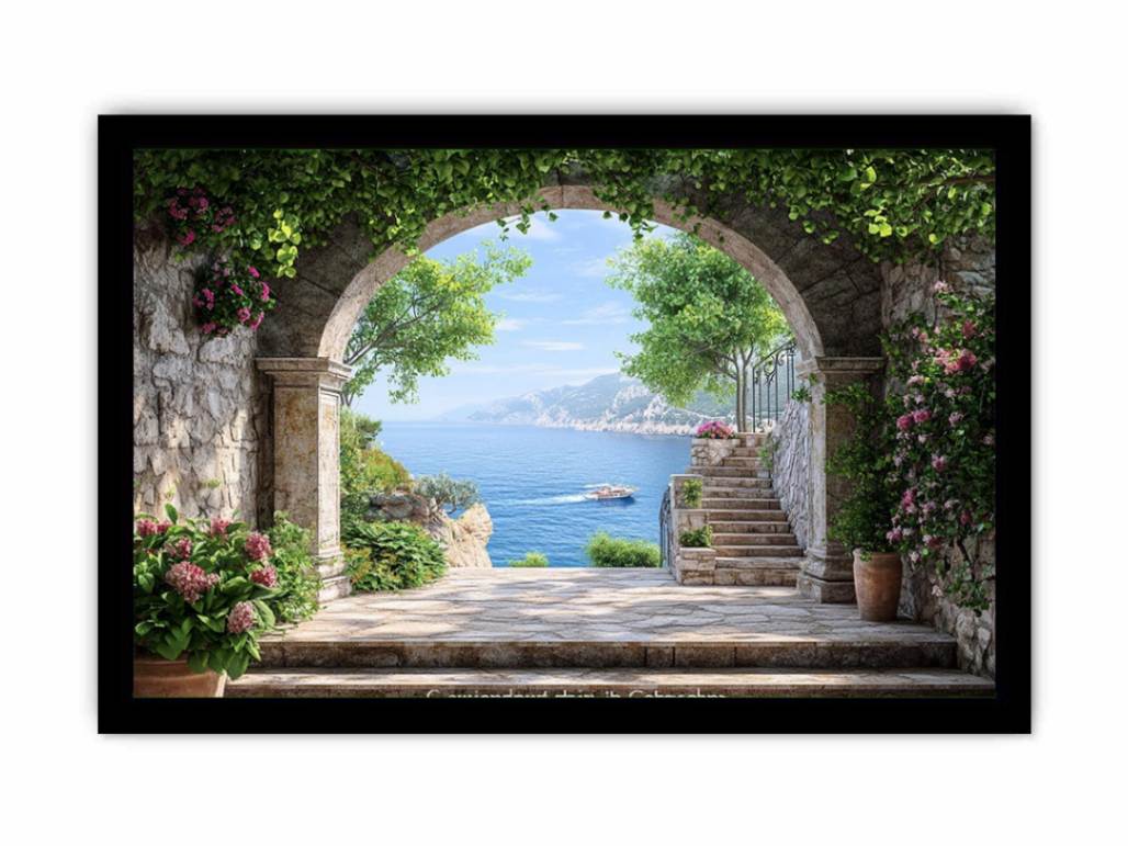 Coastal Archway a stone garden arch framing a sparkling Mediterranean sea view