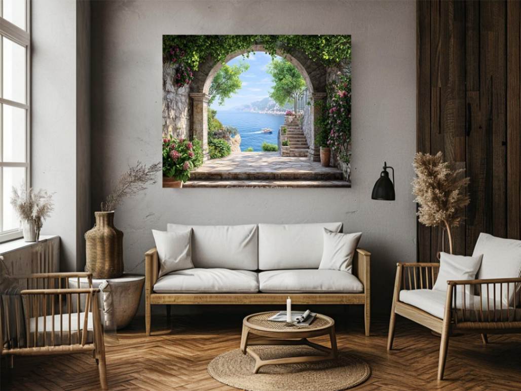Coastal Archway a stone garden arch framing a sparkling Mediterranean sea view