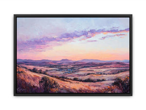 Sunset mountain valley canvas art with rose tones for elegant living room decor.
