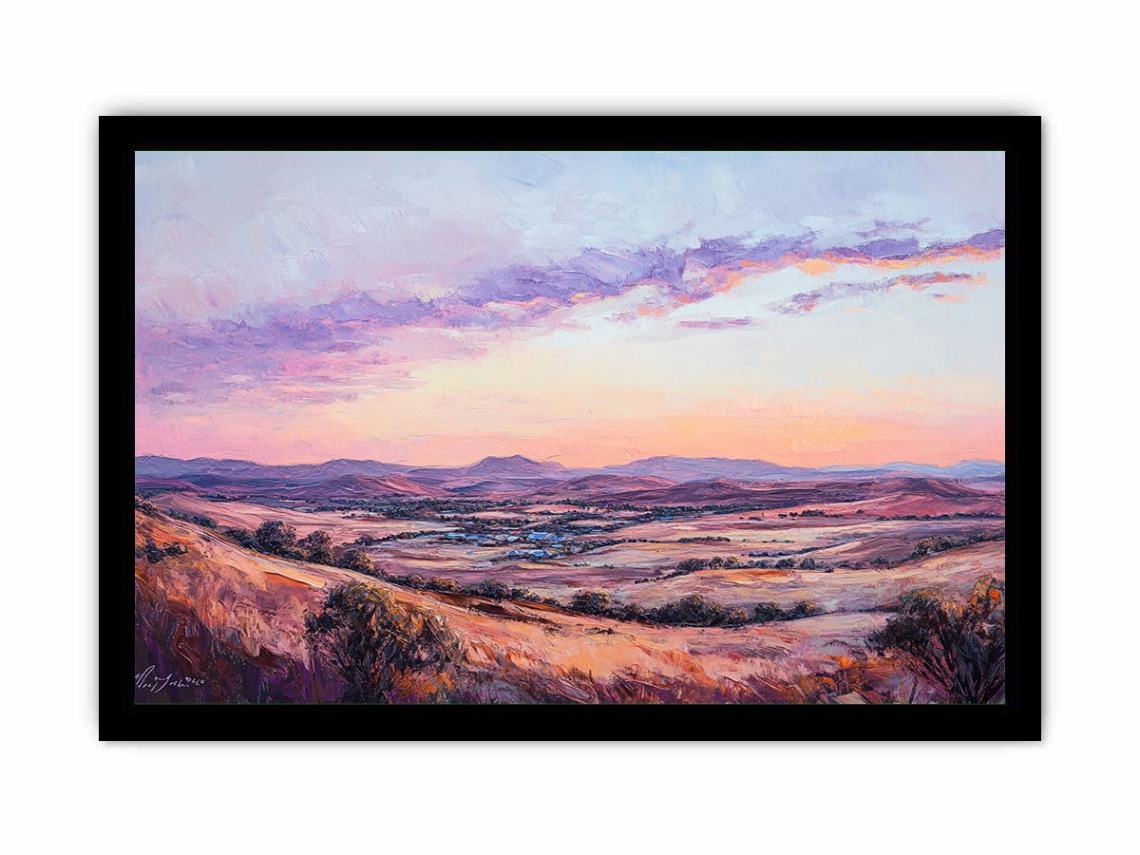 Sunset mountain valley canvas art with rose tones for elegant living room decor.