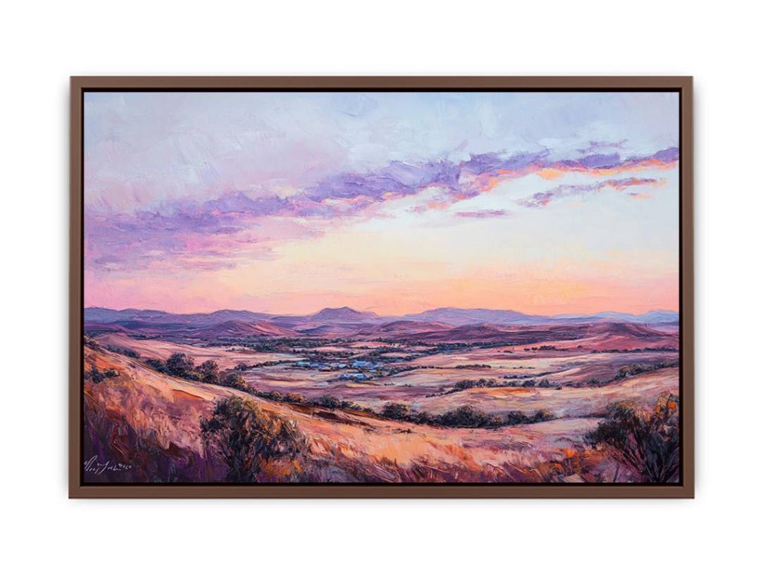 Sunset mountain valley canvas art with rose tones for elegant living room decor.