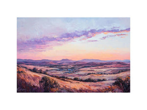 Sunset mountain valley canvas art with rose tones for elegant living room decor.