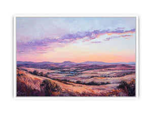 Sunset mountain valley canvas art with rose tones for elegant living room decor.