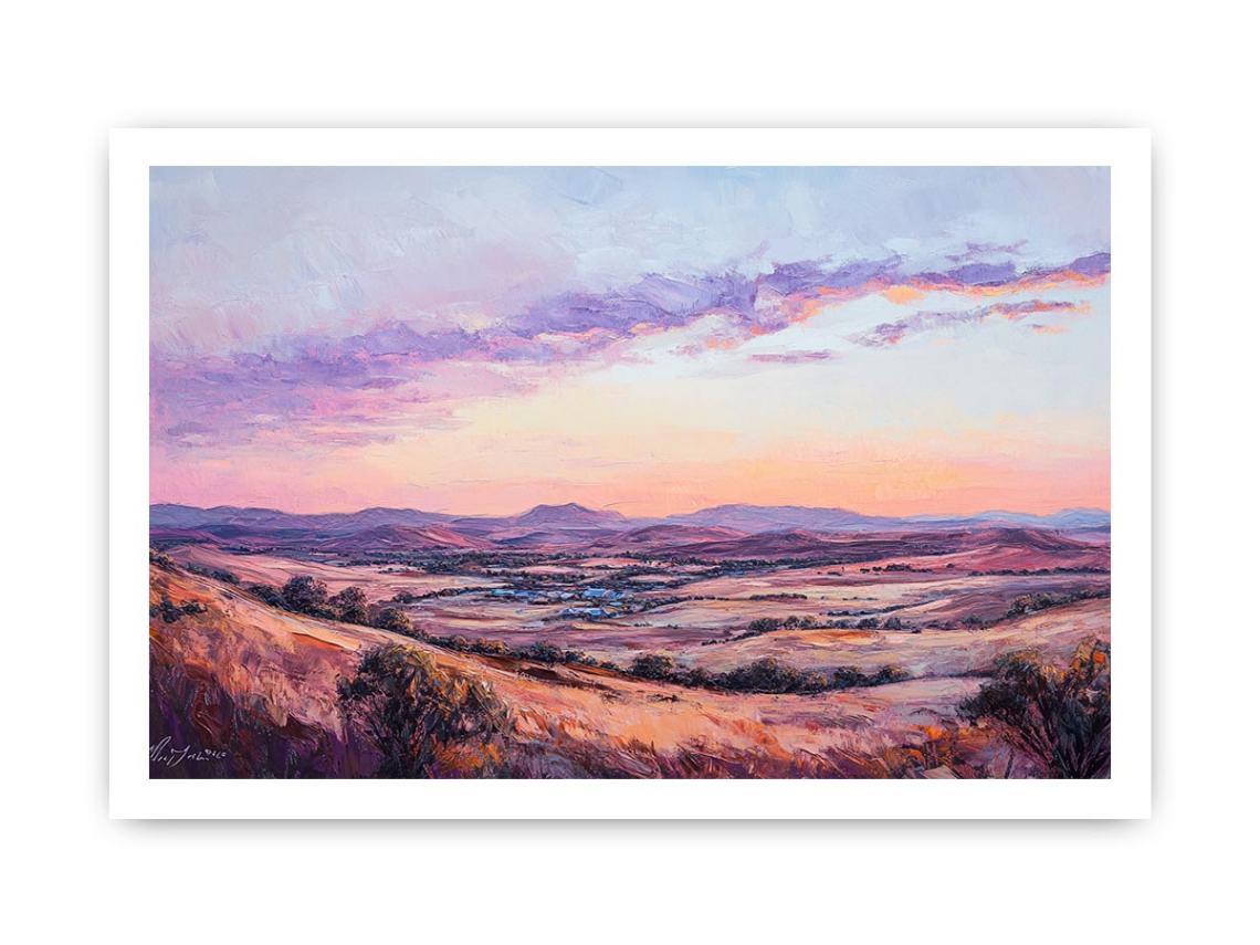 Sunset mountain valley canvas art with rose tones for elegant living room decor.