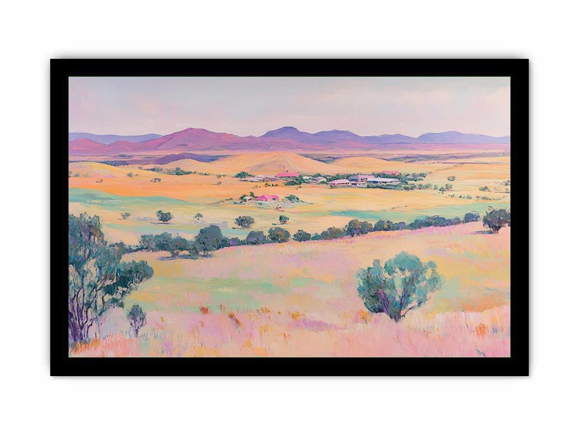 Pastel countryside canvas art with fields and mountains for farmhouse living room decor.