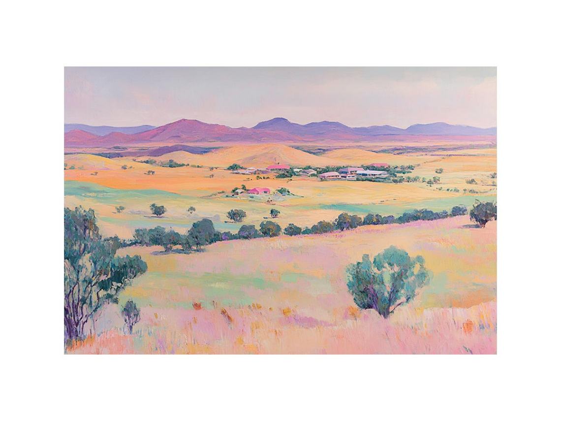 Pastel countryside canvas art with fields and mountains for farmhouse living room decor.