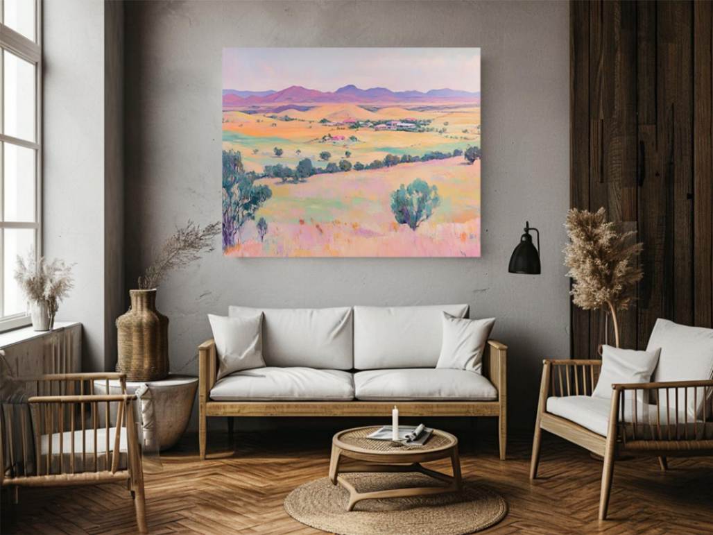 Pastel countryside canvas art with fields and mountains for farmhouse living room decor.