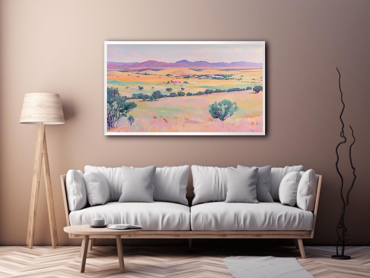 Pastel countryside canvas art with fields and mountains for farmhouse living room decor.