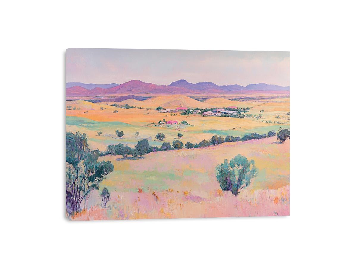 Pastel countryside canvas art with fields and mountains for farmhouse living room decor.