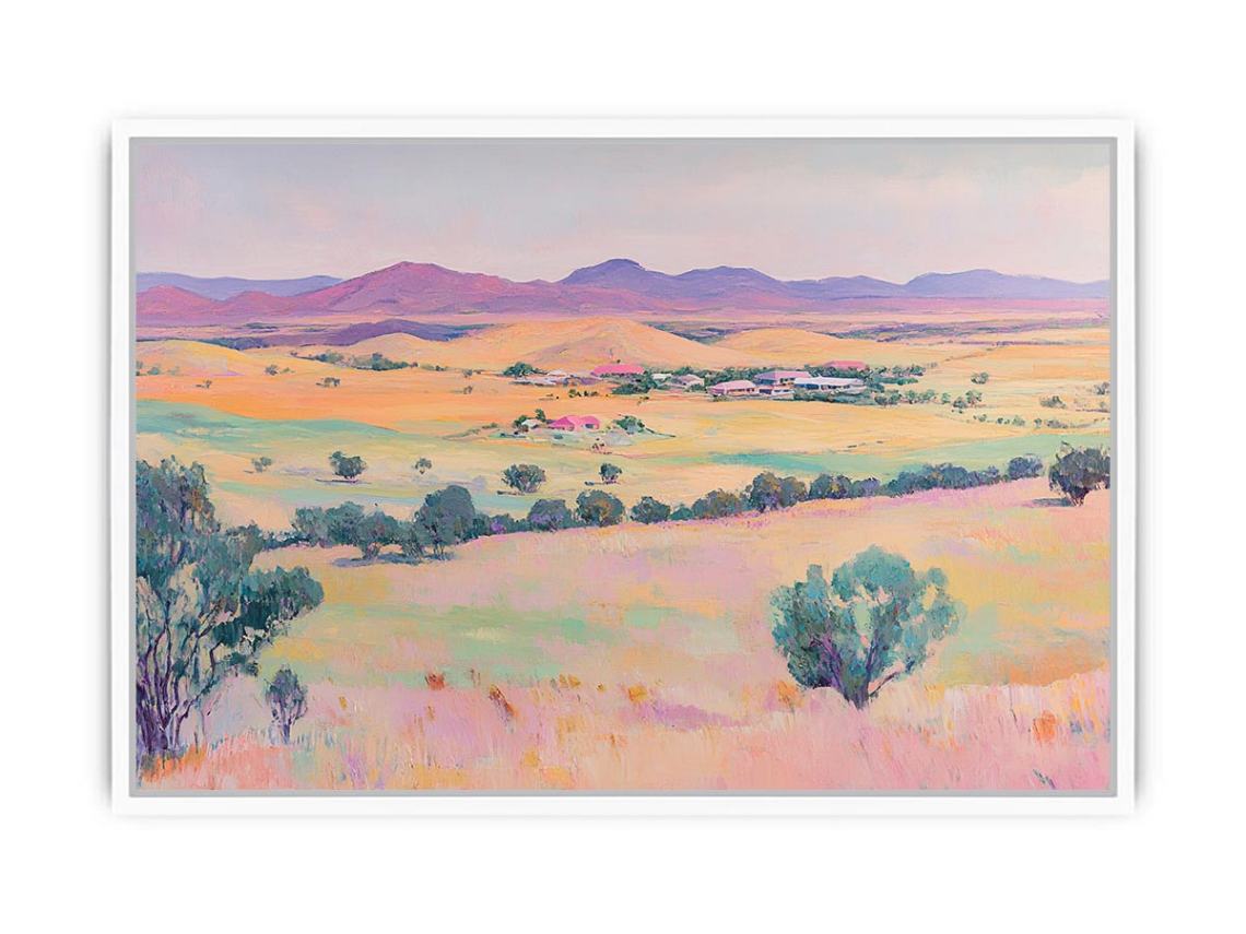 Pastel countryside canvas art with fields and mountains for farmhouse living room decor.