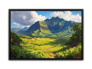 Vibrant green mountain canvas art for modern living room and office decor.