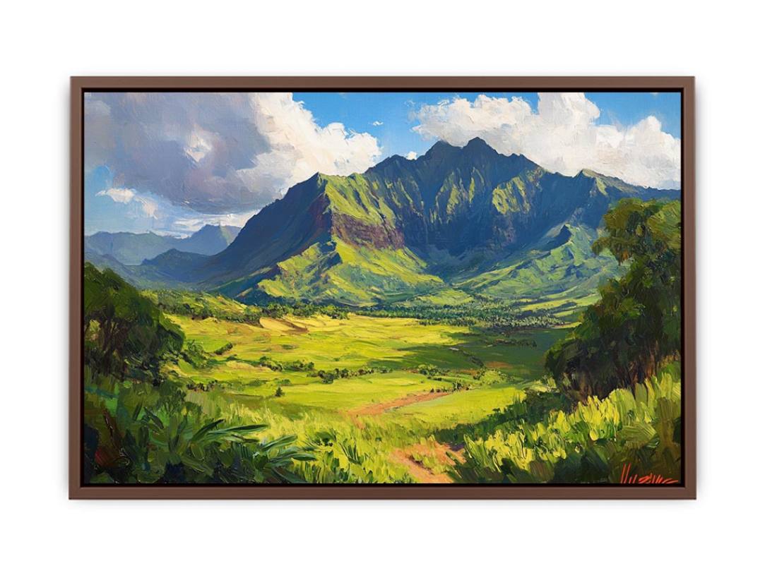 Vibrant green mountain canvas art for modern living room and office decor.