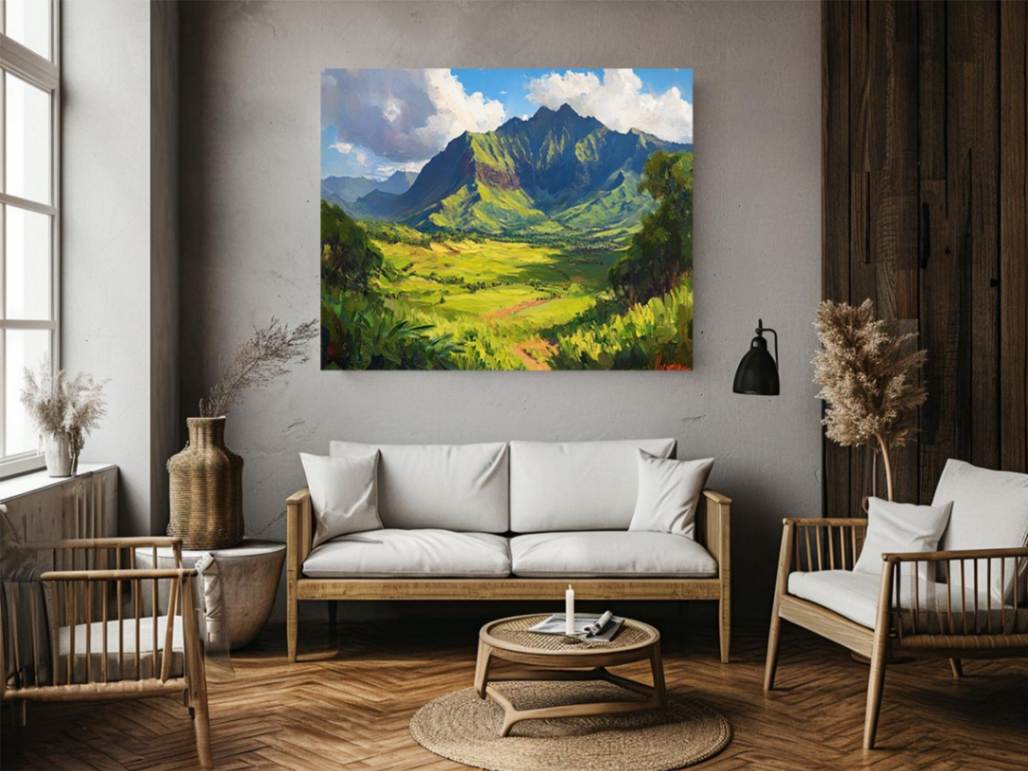 Vibrant green mountain canvas art for modern living room and office decor.
