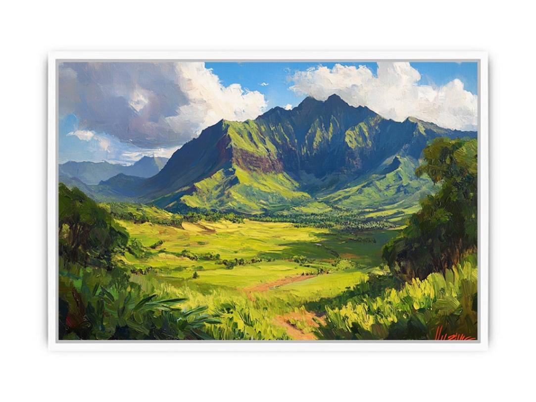 Vibrant green mountain canvas art for modern living room and office decor.