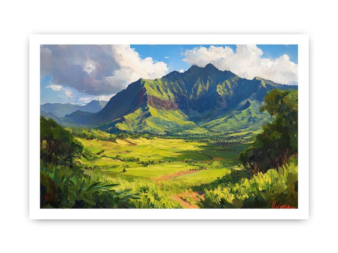 Vibrant green mountain canvas art for modern living room and office decor.