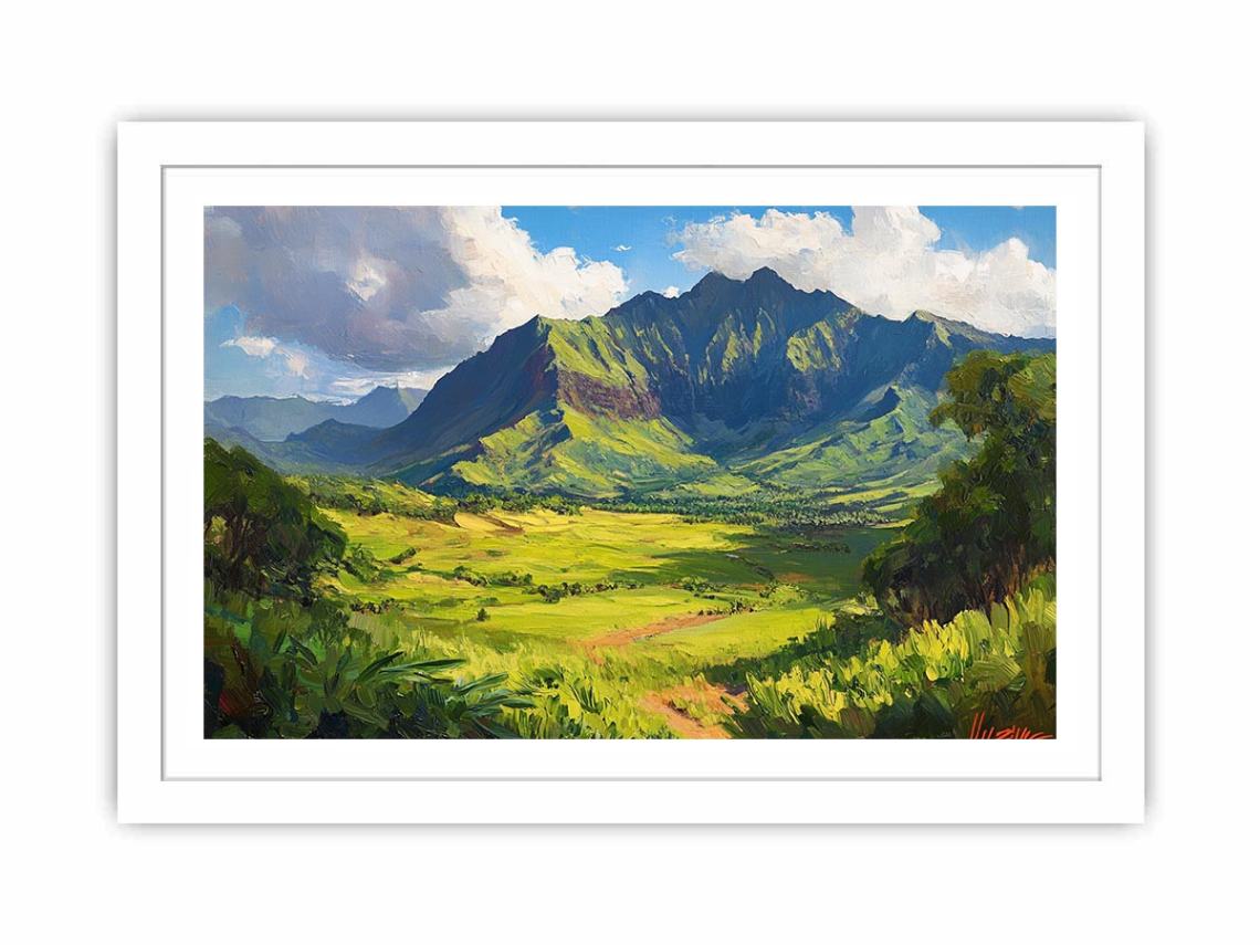 Vibrant green mountain canvas art for modern living room and office decor.